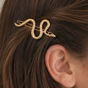 Serpent Barrette with Green Crystal Eyes - Gold Tone Snake Hair Clip